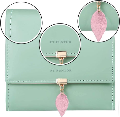 FT FUNTOR RFID Wallets for Women, Leaf Card Holder Trifold Ladies Wallets Coins Zipper Pocket with ID Window Green...