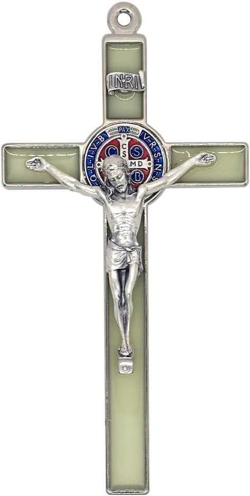 Saint Benedict Wall Crucifix with Colored Enamel Made in Italy (Glow-in-the-Dark)...