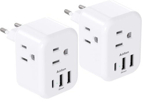 2 Pack European International Power Plug Adapter with 3 Outlets 3 USB Charging Ports(1 USB C), Travel Essentials to Italy,Greece,Israel,France, Sp...