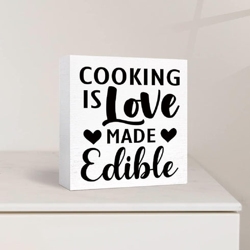 Kitchen Wood Box Signs,Cooking is Love Made Edible Kitchen Wood Block Signs with Sayings for Kitchen Table Decor,Funny Kitchen Sign Decor for Shel...