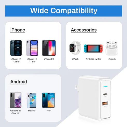 USB C Charger 36W 2 Port USB A + USB C Fast Charger Power Adapter Plug Wall Charger Fast Charging Phone Charger Block for iPhone, Samsung, LG and ...