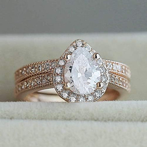Classic Pear Shaped Water Drop Zircon Engagement Ring Fashion Ladies Trend Ring Set (6)...