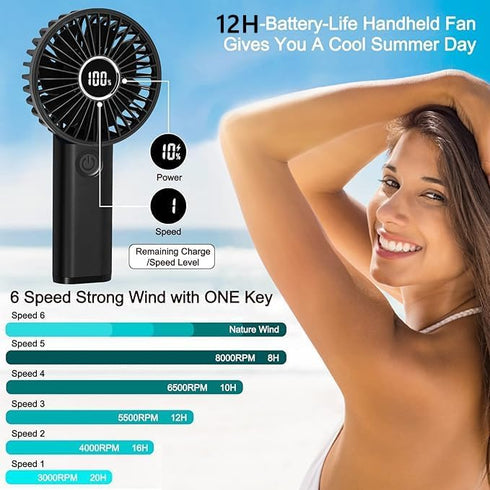 Mini Portable Fan, Powerful Handheld Fan Rechargeable with LED Display, Hand/Desk/Neck 3 In 1 Personal Fan with 6 Speed and 180° Foldable, Quiet f...