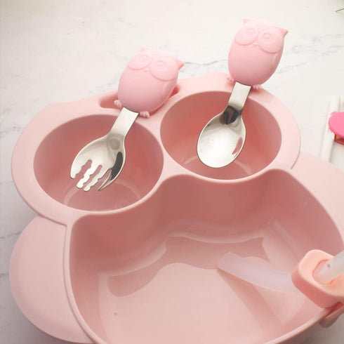 Owl Toddler Flatware Kid Fork and Spoon Set, Baby Spoons Self Feeding Baby (pink)...