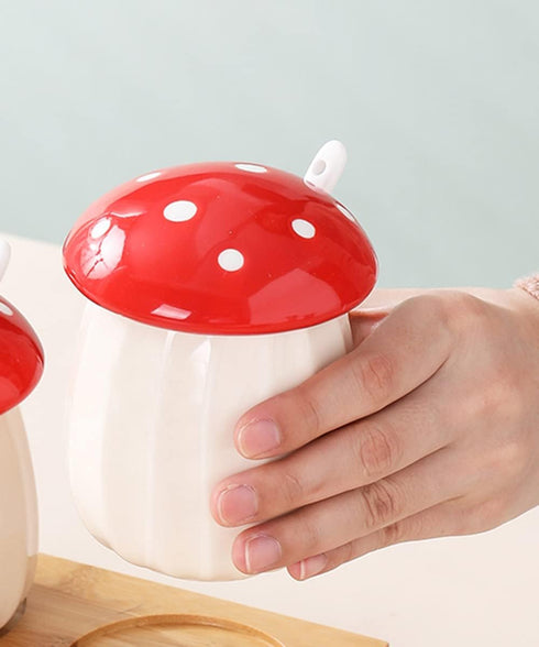 Ceramic Mushroom Shape Sugar Bowl Spice Jar Seasoning Pot with Lid Spoon...
