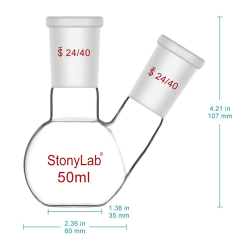 stonylab Flat Bottom Flask FBF, Heavy Wall 2-Neck Lab Flask Borosilicate Glass Flat Bottom Boiling Flask with 24/40 Standard Joint, 50 ml...