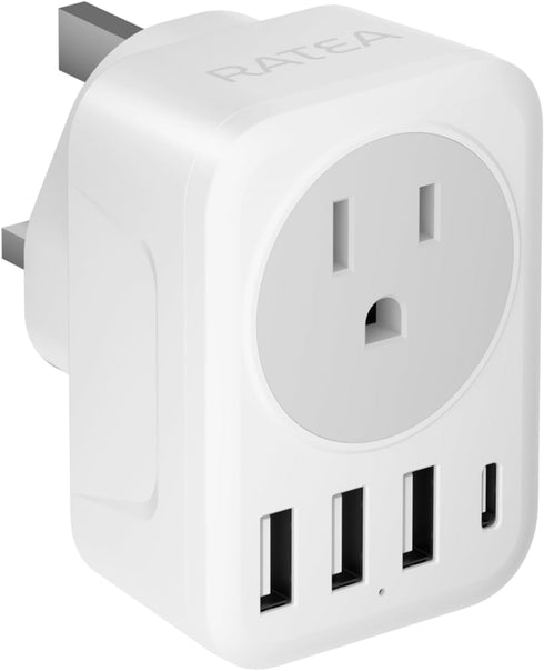 UK Ireland Travel Plug Adapter, RATEA Type G Power Adaptor with 3 USB-A, 1 USB-C Outlet Charger for US to Scotland London England British Irish Ke...