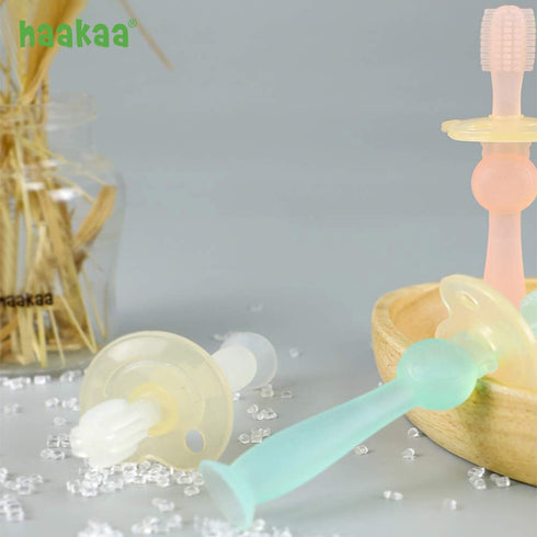 haakaa 360° Baby Toothbrush with Suction Base - Gentle Cleaning for Toddler's Self-Brushing Training, Food-Grade Silicone, Adjustable Safety Shiel...