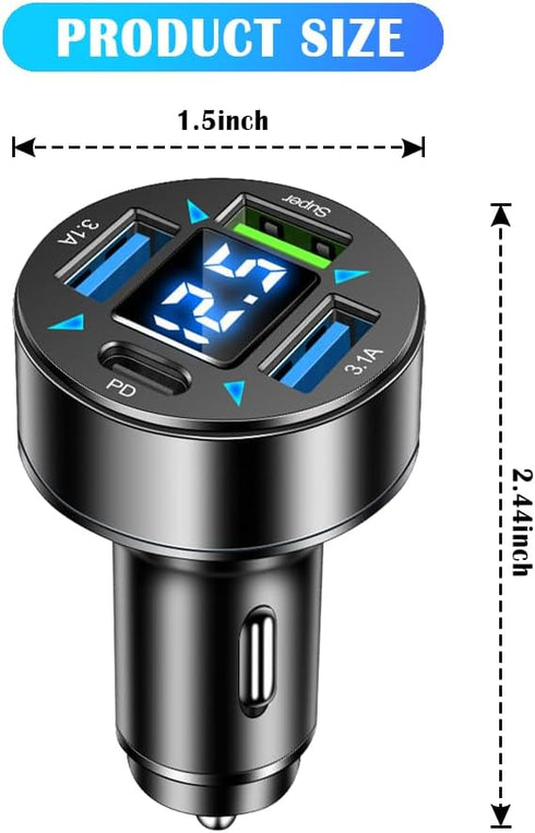 Car Charger,4 Ports Fast Car Charger with Plug Outlet/LED Voltmeter/PD3.1/Super Port,Universal Car Accessories Cigarette Lighter USB Charger Compa...