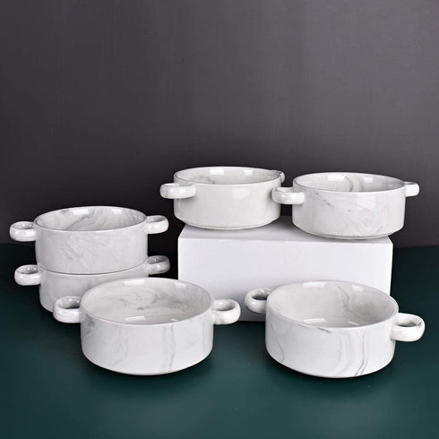 Bosmarlin Ceramic Marbling Souffle Dishes, 10 Oz, Dould Handle Ramekin for Baking, Set of 6 (Marbling Grey, 10 Oz)...