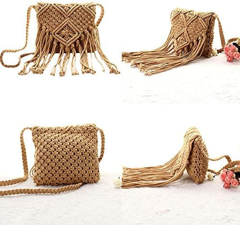 Van Caro Handwoven Cotton Straw Shoulder Bag Crochet Tassel Beach Bohemian Purse for Women...