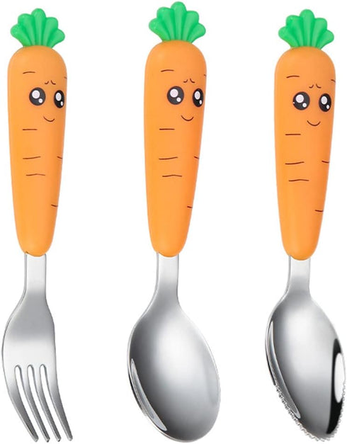 Travel Cutlery Set Baby, 3 PCS Toddler Utensils, Kids Spoon And Fork Self-Feeding, Carrot Child Flatware Sets, Stainless Steel Fun Baby Silverware...