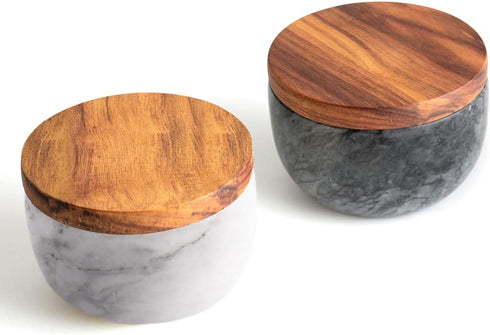 white Marble Base Wood Cover Salt Box with spoon Large Solid Natural Acacia lid white Marble base Elegant Design Decorative Boxes Big Capacity Sal...