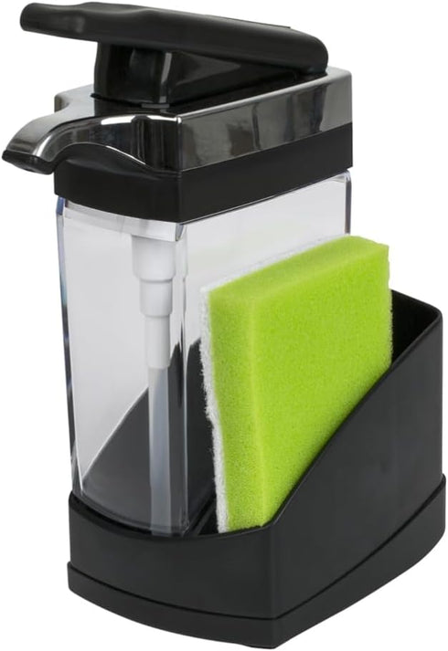 Casabella Sink Sider Solo Kitchen Soap Pump and Sponge Caddy, Black/Chrome - 2-in-1 Soap and Sponge Caddy, One-Hand Soap Dispensing, Ergonomic Des...