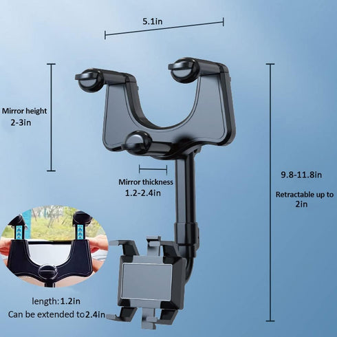 Kairiyard Car Phone Holder Mount, Car Rearview Mirror Phone Holder 360°Rotatable and Retractable Multifunctional Universal Cell Phone Mount Stand ...