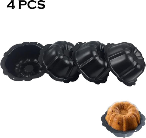 4 Inch Nonstick Mini Bundt Cake Pan, Set of 4 for Baking, Carbon Steel Fluted Cake Pans, Metal Round Pumpkin Shaped Cake Mould for Cupcake, Muffin...