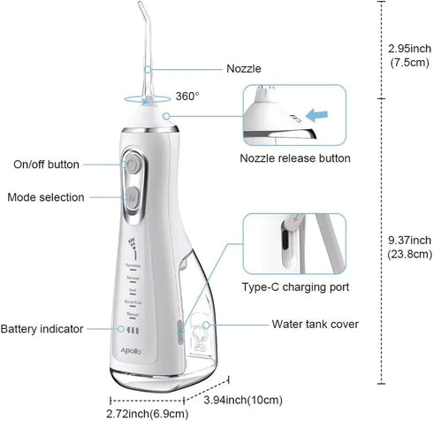 Apollo Water flosser for Teeth Whitening, Dental Care, Gums & Braces Care with 5 Cleaning Modes | 360 Rotatable with 300ML Water Capacity, Waterpr...