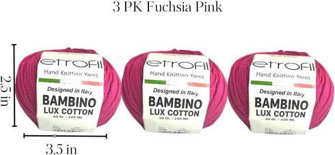 3PK Bambino Lux Cotton Yarn, Knit and Crochet, Organic Cotton Acrylic Blend, Baby and Amigurumi, 150g, 315m (Fuschia Pink)...