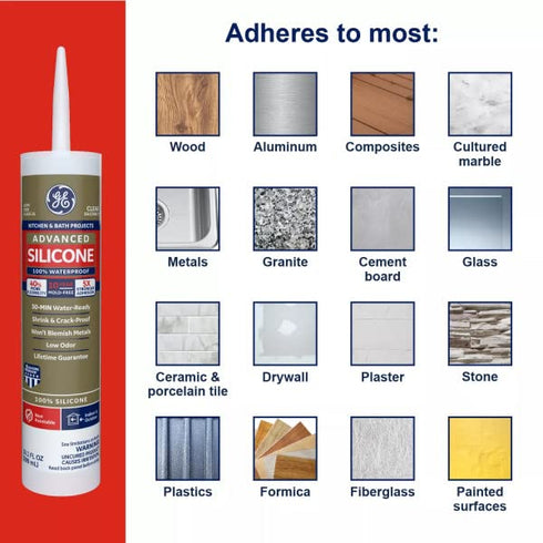GE Advanced Silicone Caulk for Kitchen & Bathroom - 100% Waterproof Silicone Sealant, 5X Stronger Adhesion, Shrink & Crack Proof - 10 oz Cartridge...