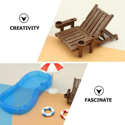 Toyvian 2 Sets Doll House Swimming Pool Swimming Ring Folding Beach Sunbath Chair Simulation Miniature Craft Furniture Pool Toys Photo Props for D...