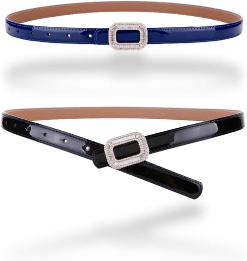 Women's Belt Dress Genuine Leather Skinny Patent Leather Belts Gold Rectangle Shiny Rhinestone Buckle Waistband...