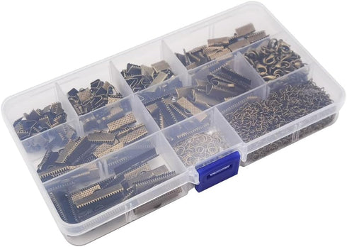 Inspirelle 100 Sets Assorted Size Bronze Ends for Ribbon Bracelet Bookmark Making Crimps Kit with Lobster Clasps and Chain Extenders...