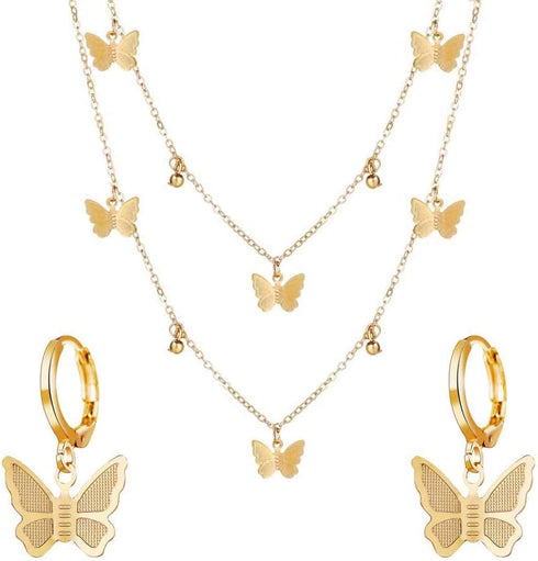 Adjustable Butterfly Pendant Necklace Earrings Set for Women Butterfly Pendant Choker Butterfly Hoop Earrings Jewelry (Gold Set)...