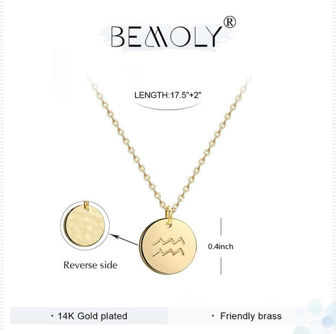 Befettly Constellation Necklace Pendant 14K Gold-Plated Hammered Round Disc Engraved Zodiac Sign Pendant 17.5’’ Adjustable Dainty Necklace...