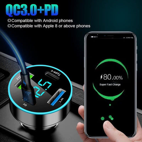 65W Car Charger 4 Port USB Car Charger Adapter PD QC3.0 Cigarette Lighter USB Charger with LED Voltmeter Fast Car Charger Compatible with Samsung ...