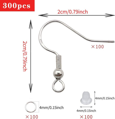 100PCS/50Pairs 925 Sterling Silver Earring Hooks,Ear Wires Fish Hooks,300pcs Hypoallergenic Earring Making kit with Jump Rings and Clear Rubber Ea...