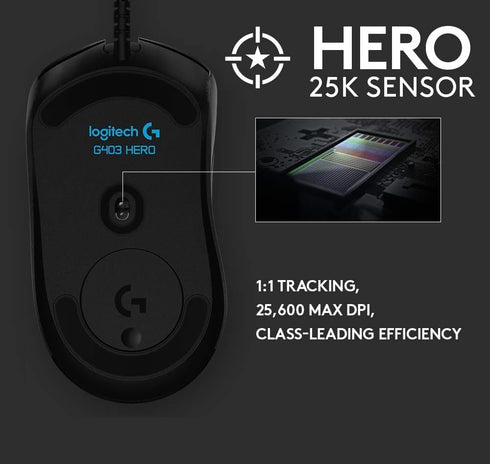 Logitech G403 Hero 25K Gaming Mouse, Lightsync RGB, Lightweight 87G+10G optional, Braided Cable, 25, 600 DPI, Rubber Side Grips, Black...