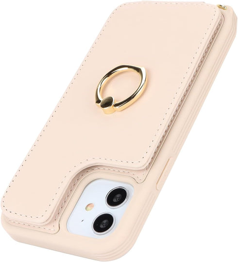 for iPhone 11 Phone Case with Card Holder and Strap for Women,Crossbody Lanyard,Kickstand Ring Stand,Snap Clasp,Phone Wallet Cases 6.1 inch(Beige)...