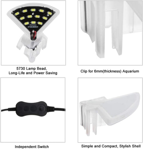 Senzeal M3 Aquarius Aquarium Light Fish Tank Light 5W 12 LED Fan Shaped Aquarium Planted Clip Lamp 600LM for 4-10 Inch Fish Tank White Lighting...