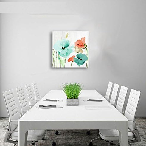Genius Decor - Teal and Coral Flowers Floral Canvas Wall Art Decor (Teal Coral, 16x16inch)...
