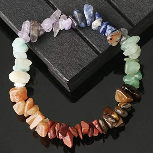5 Pcs Natural Gemstone Chakra Crystal Healing Chip Stretch Bracelets,Gemstone Polished Irregular Crystals Stone Reiki Yoga Chipped Gravel Bead Jew...