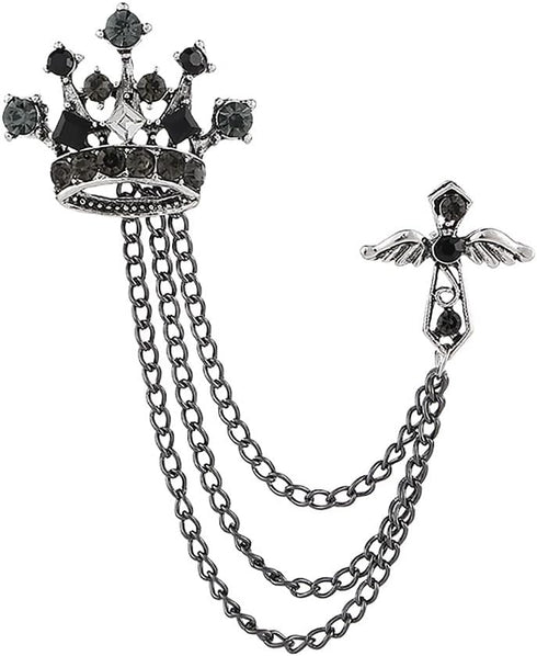 Cross Crown Long Chain Brooch, Rhinestone Tassel Brooch Pin,Retro Crystal Suit Pins Collar Pin,Coat Tassel Chain Lapel Pins for Men's Suit Accesso...