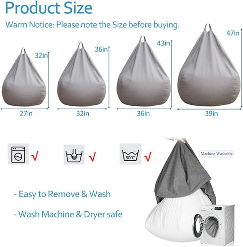 Stuffed Animal Storage Bean Bag Cover (No Filler) Extra Soft Beanbag Seat Chair Covers-Cotton Linen Memory Foam Beanbag Replacement Cover for Adul...