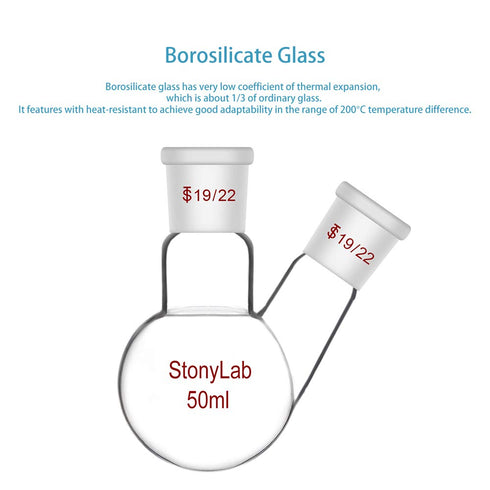 StonyLab Glass 50ml Heavy Wall 2 Neck Round Bottom Flask RBF, with 19/22 Center and Side Standard Taper Outer Joint - 50mL...