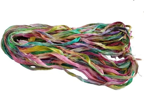 Recycled Sari Silk Ribbon, 30 Yards, 50 Grams - for Knitting, Weaving & Crochet (Multicolor Tie-Dye)......