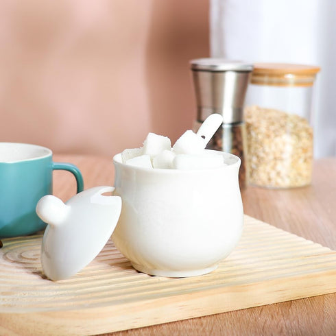 Ceramic Sugar Bowl with Lid and Spoon, Porcelain Salt Storage Jar, White Seasoning Container for Home and Kitchen, 7 Ounces (White)...