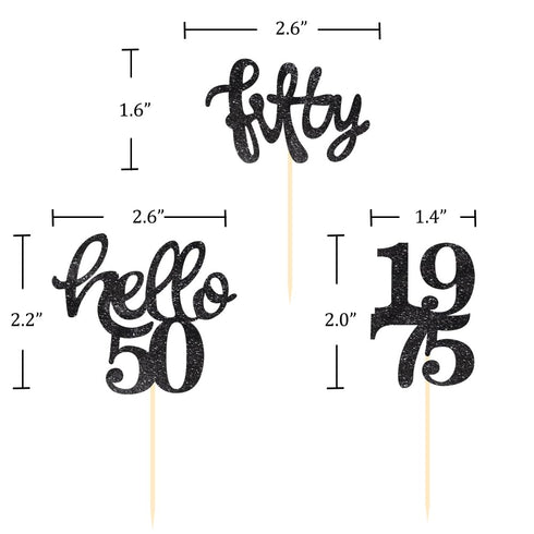 24 Pcs Black Glitter 50th Birthday Cupcake Toppers for 50th Birthday Celebrating Party Decorations...