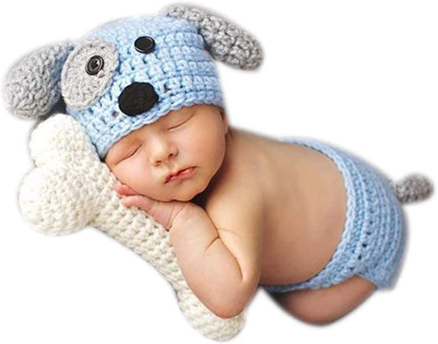 Newborn Baby Girl Boy Photo Props Outfits Crochet Knitted Blue Dog Hat Shorts with Bone Set for Boys Girls Photography Shoot (0-6 Months)...