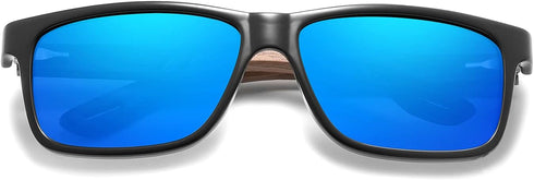 KINGSEVEN Design Wood Polarized Rectangular Sunglasses for Men, Walnut Wooden Frame Mirrored Glasses for Driving W5508...