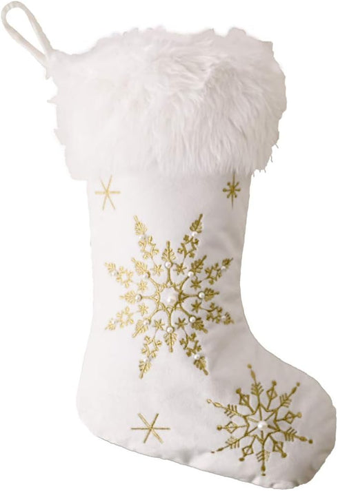 Comfy Hour Let It Snow Collection 18"x11" Christmas Winter Snowflake Stocking, Soft Plush Velvet Snowflake Embroidery Stocking, White and Gold, Po...