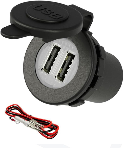 12V USB Charger Car Outlet DAMAVO YM1094 12V/24V Waterproof Dual 2 USB Ports Car Charger Power Socket Adapter Plug with Wire Fuse for Truck Boat M...