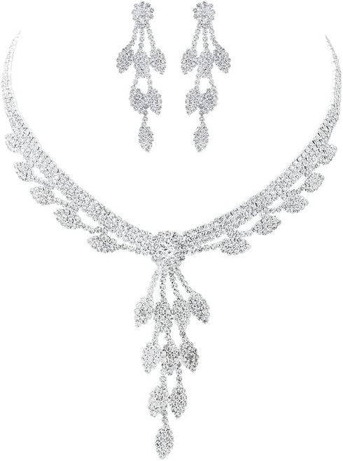 Women's Bridal Jewelry Rhinestone Necklace Set Earrings for Women Prom Silver Pendant Leaf Bridal Layered European-Style for Bride Bridesmaids Gir...