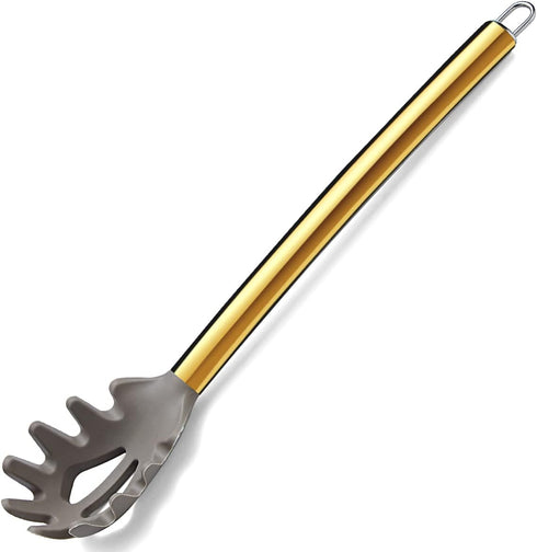 Gold Spaghetti Spoon, Berglander Non-stick Silicone Pasta Server With Titanium Gold Plating Handle, Spaghetti Server For Cooking, Pasta Fork, Nodd...