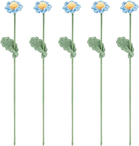 FINGERINSPIRE 5 pcs Handmade Crochet Daisy Flower Light Sky Blue Artificial Daisy Bouquet Knitted Cotton Artificial Flowers with Iron Wire Crochet...