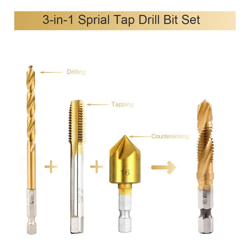 Titanium Combination Drill and Tap Bits Set, 6 PC Metric Screw Taps, 3-in-1 Bit Tool for Drilling, Tapping and Countersinking...