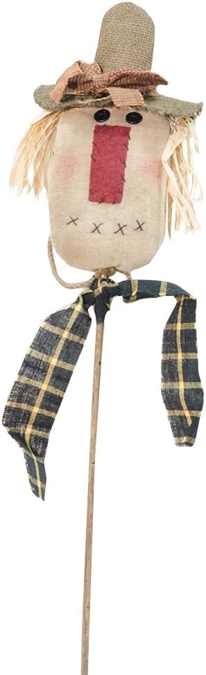 CWI Gifts 15" x 5" Scarecrow Doll Head on Pick In Burlap & Gingham with Raffia Hair...